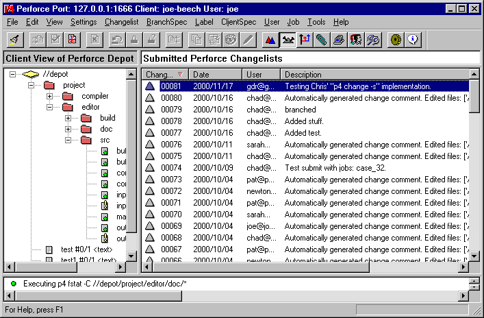A screenshot of the submitted changelists pane in the Perforce Windows GUI