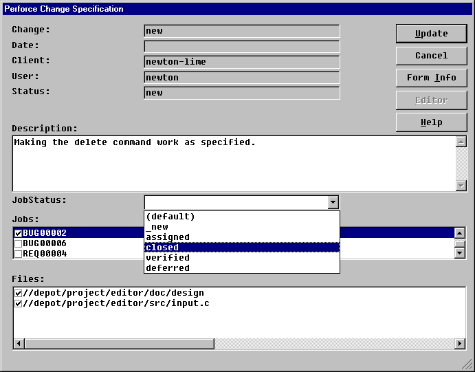 Screenshot showing the new changelist dialog in the Perforce Windows GUI